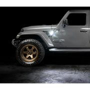 Oracle Sidetrack LED System for Jeep Wrangler JL/ Gladiator JT with white jeep and gold wheels against black background.