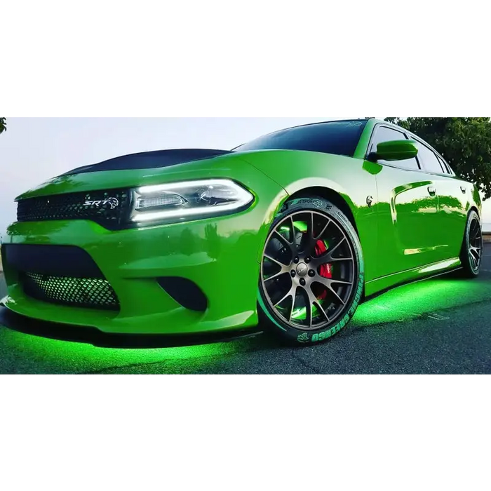 Green car with black rim, red brake pads, Oracle Universal Dynamic LED Underbody Kit - ColorSHIFT - Dynamic.