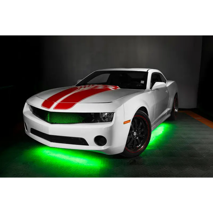 White car with red stripes and green light from Oracle Universal Dynamic LED Underbody Kit - ColorSHIFT.