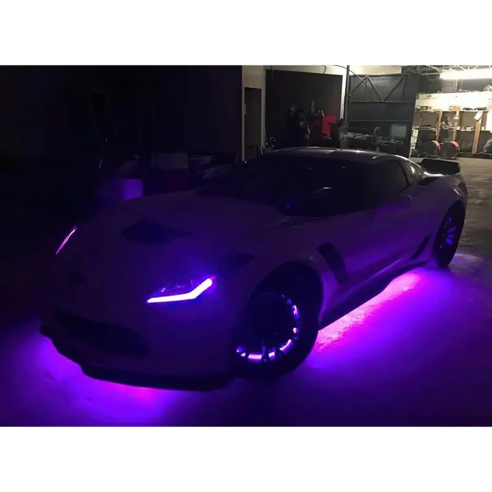 Oracle Universal Dynamic LED Underbody Kit featuring car with purple lights & dynamic colorshift.