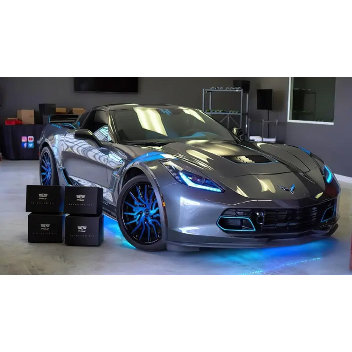 Silver Corvette with blue dynamic colorshift car lights