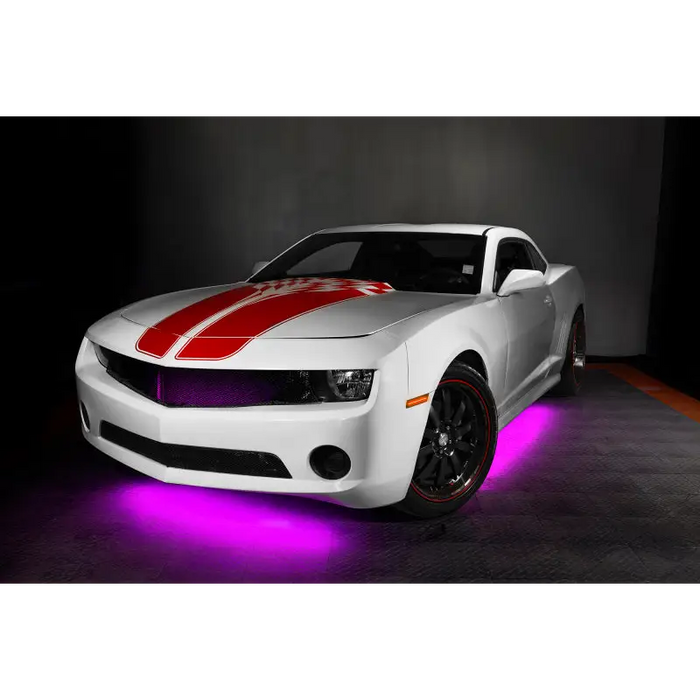 White car with red stripes and LED underbody kit - dynamic colorshift car lights