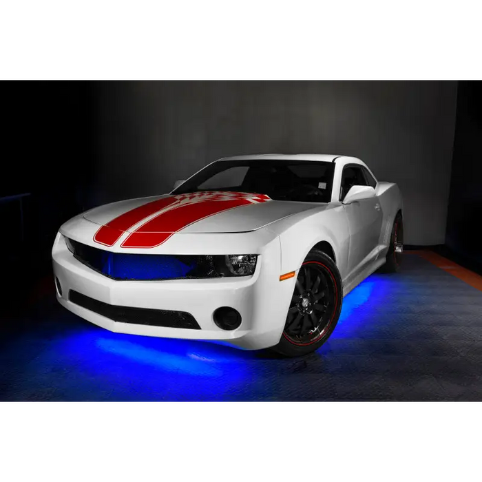 Oracle ColorSHIFT LED Underbody Kit on White Car with Red and Blue Stripes