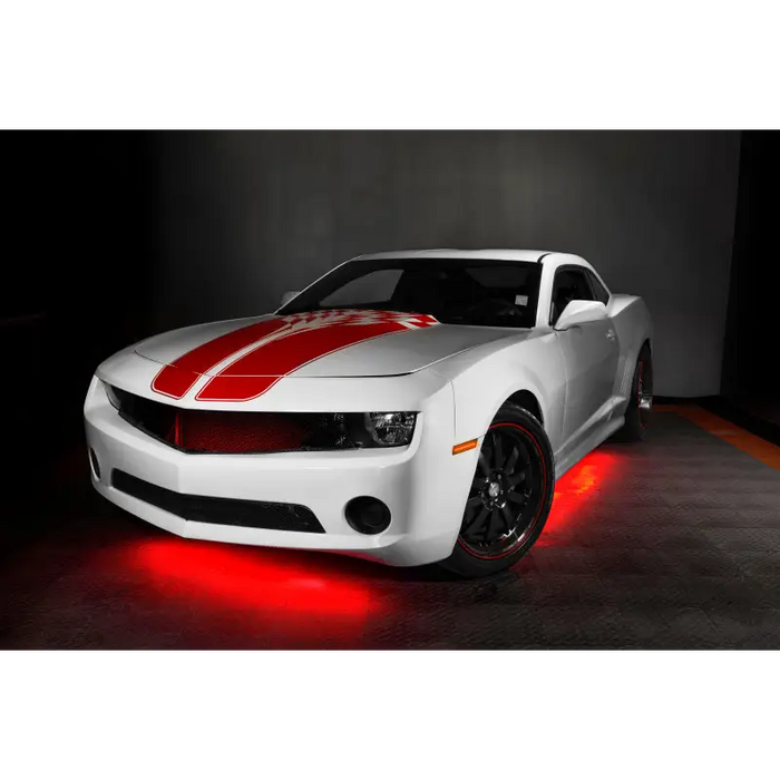 White car with red stripes using Oracle Universal LED Underbody Kit - ColorSHIFT, perfect for car lights on Jeep Wrangler or Ford Bronco.