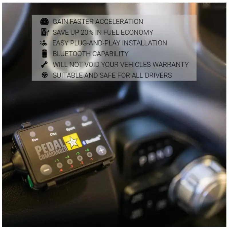 Pedal Commander Dodge/Jeep/Kia/Mitsubishi Throttle Controller with car dashboard and remote control.