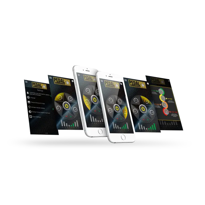 Pedal Commander Throttle Controller with iPhone and iPad app displayed.