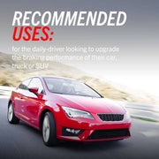 Red car driving down road with power stop z23 evolution sport brake pads displayed - recommended use