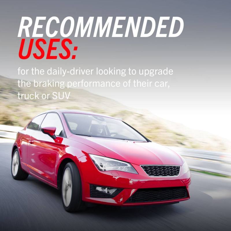 Red car driving down road with power stop z23 evolution sport brake pads displayed - recommended use
