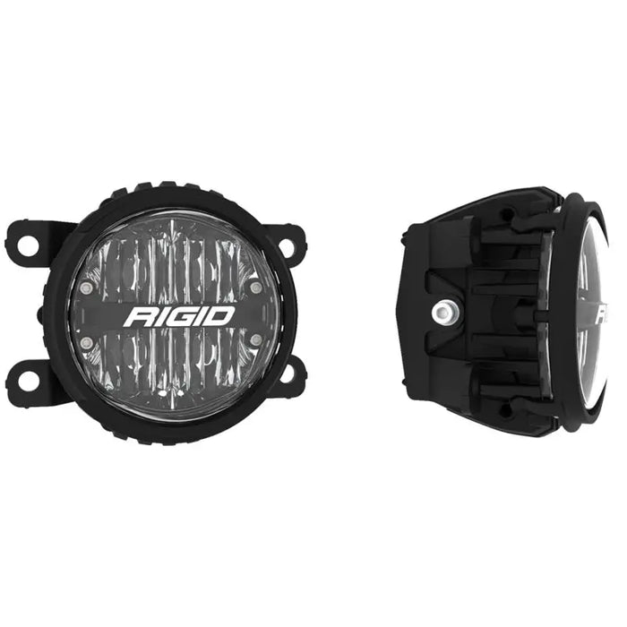 Black motorcycle headlight covers with white logo for Rigid Industries 360-Series PRO SAE Fog Light Kit.