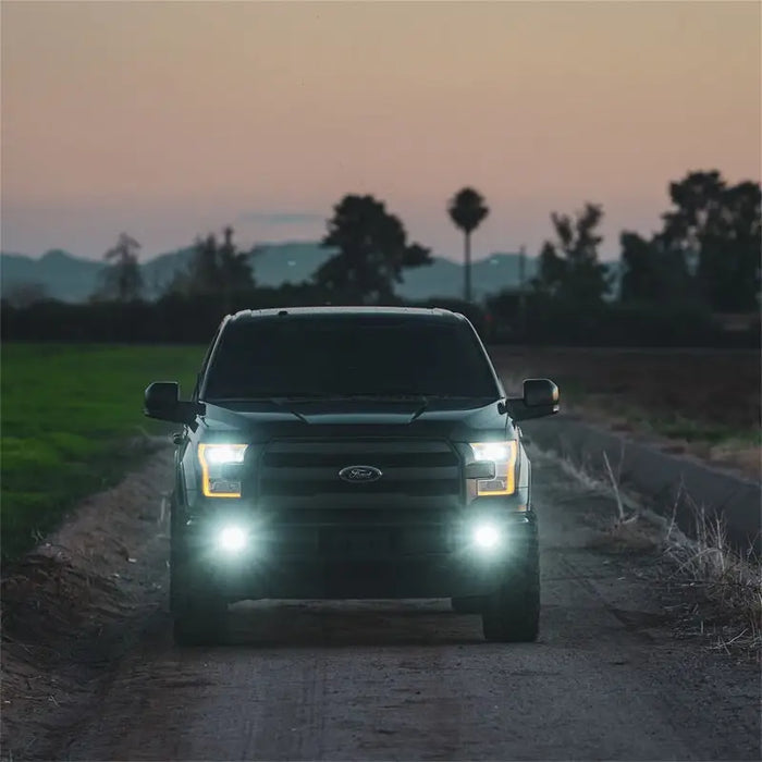 Black Ford SUV driving down dirt road at night displayed in Rigid Industries D-Series SAE Fog Yellow/White Pair.