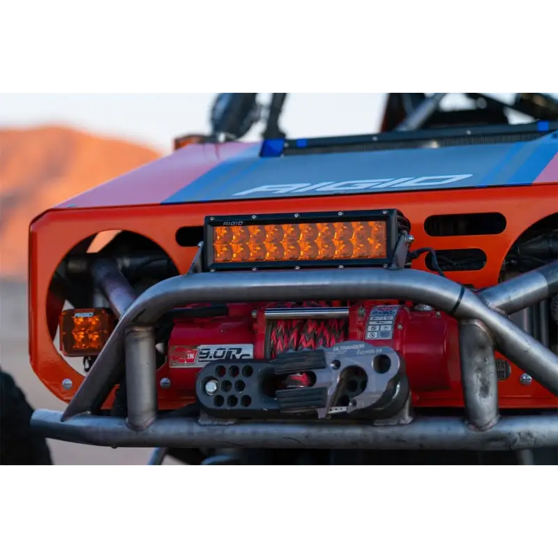 Close up of front bumper mount on a Rigid Industries E-Series 10in. Spot w/ Amber PRO Lens ATV
