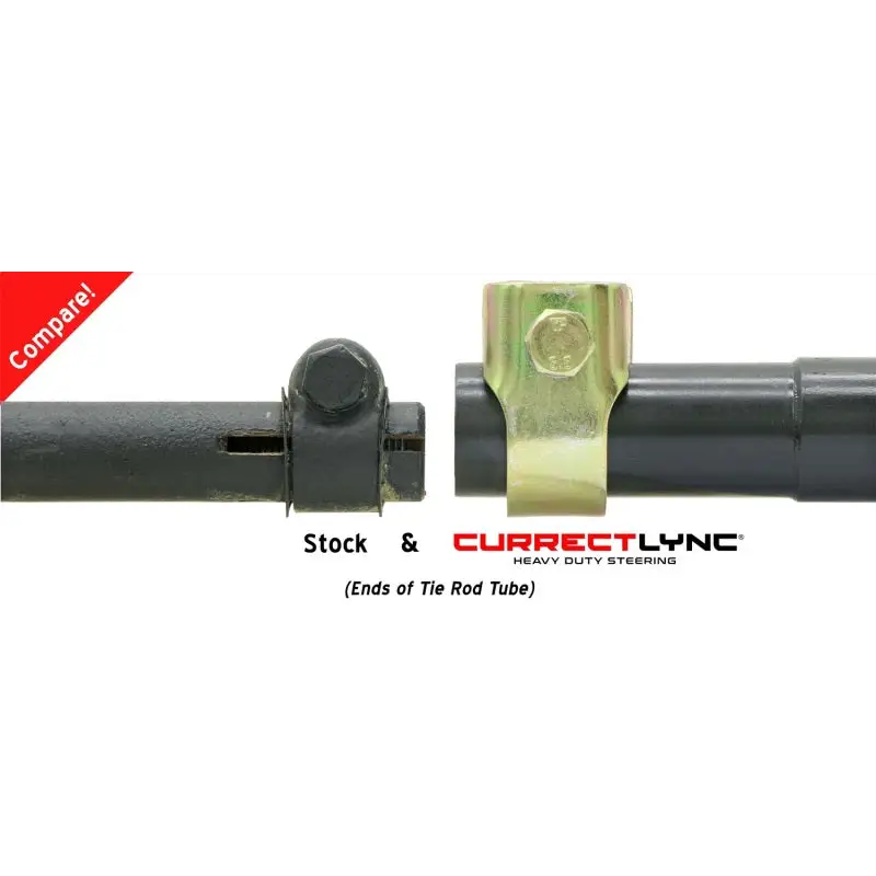Black hose with yellow handle on RockJock Currectlync steering system with tie rod and drag link.