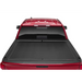 Red truck with open top, Roll-N-Lock retractable tonneau cover for Toyota Tacoma Crew Cab SB.