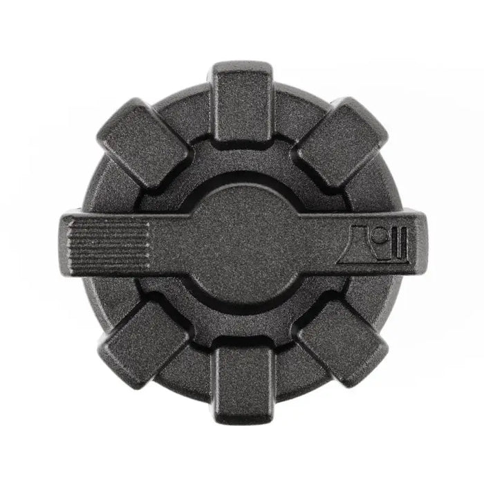 Black plastic knob with hole in middle on Rugged Ridge Black Elite Aluminum Fuel Cap