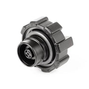 Black elite aluminum fuel cap connector on white background