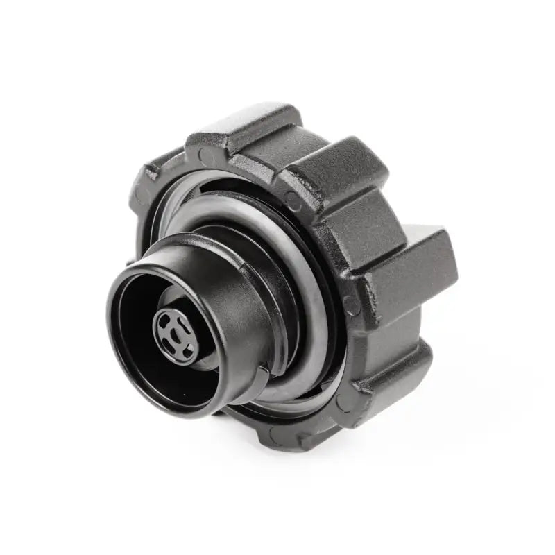 Black elite aluminum fuel cap connector on white background