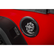 Rugged Ridge black elite aluminum fuel cap with powder coat speaker cover.