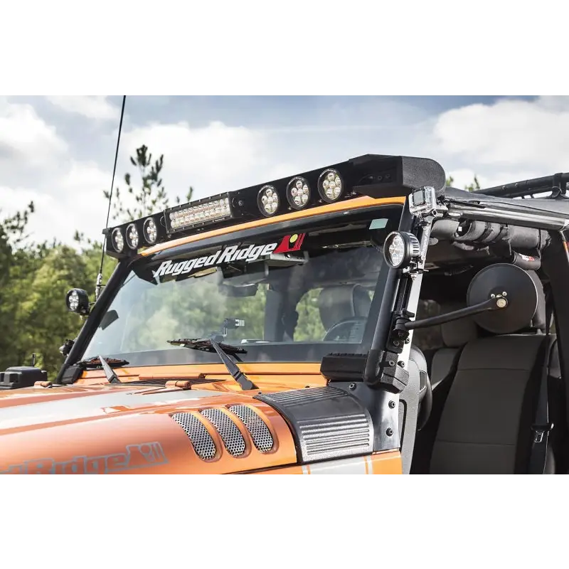 Front view of Jeep Wrangler JK Elite Fast Track Windshield Light Bar Mount with Crossbar.