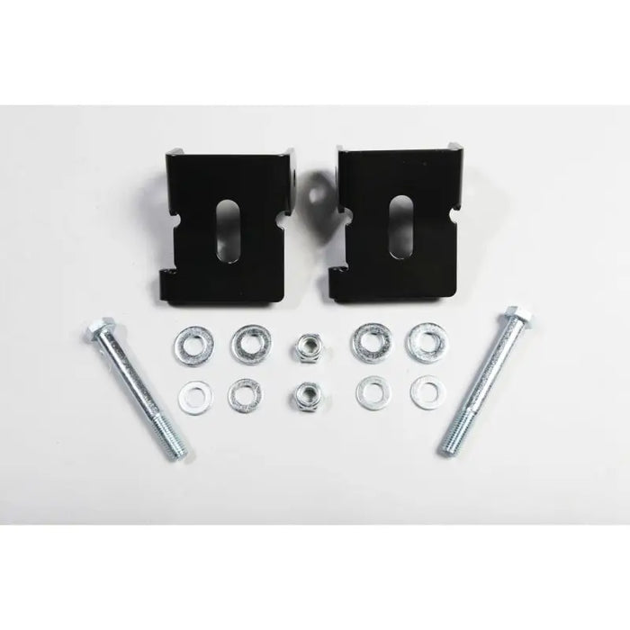 Black aluminum mounting brackets for Jeep Wrangler JK front lower control arm skid plates.