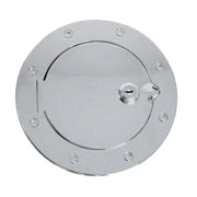 Stainless steel gas cap door for Jeep Wrangler with center hole.