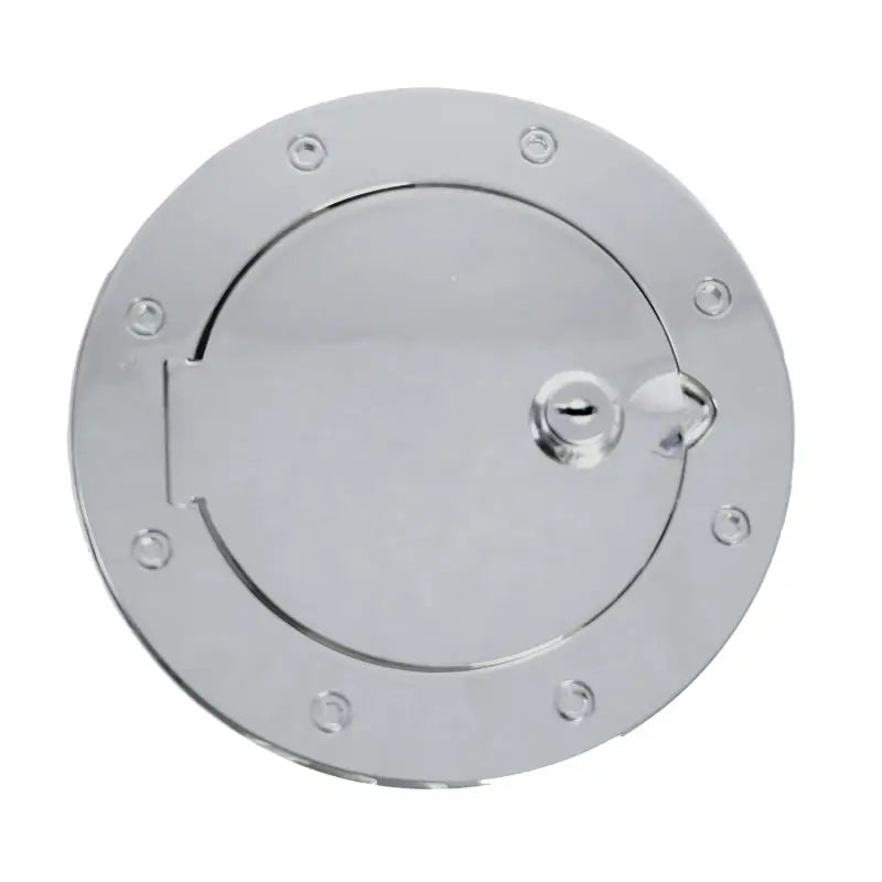 Stainless steel gas cap door for Jeep Wrangler with center hole.