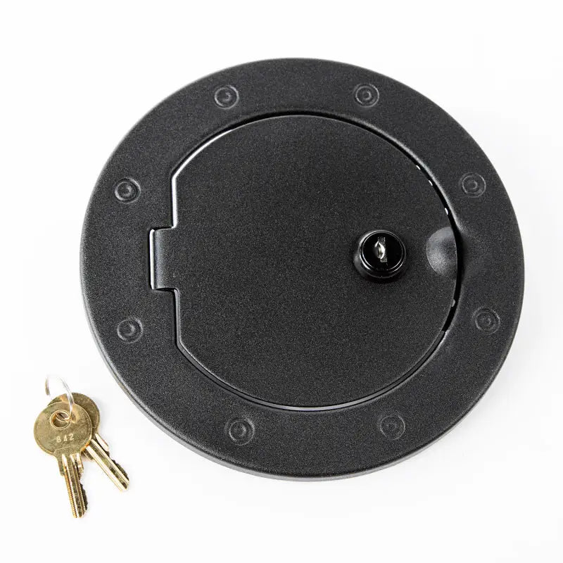 Rugged Ridge Jeep Wrangler gas cap door with textured black key lock