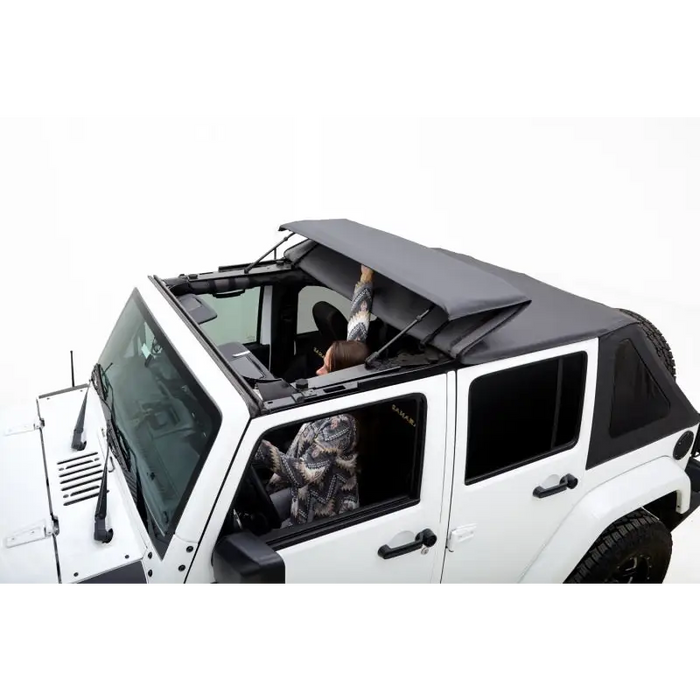 Black Diamond Stitch Cloth Voyager Top dog riding in Jeep Wrangler JKU