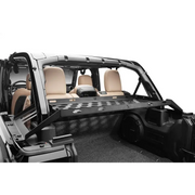 Rugged Ridge 4-Door Interior Storage Rack featuring black Jeep rear door open