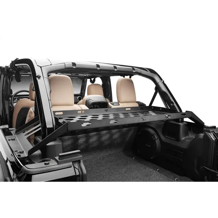 Rugged Ridge 4-Door Interior Storage Rack featuring black Jeep rear door open