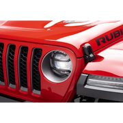 Red Jeep with Jeep logo on Rugged Ridge Elite Headlight Guards