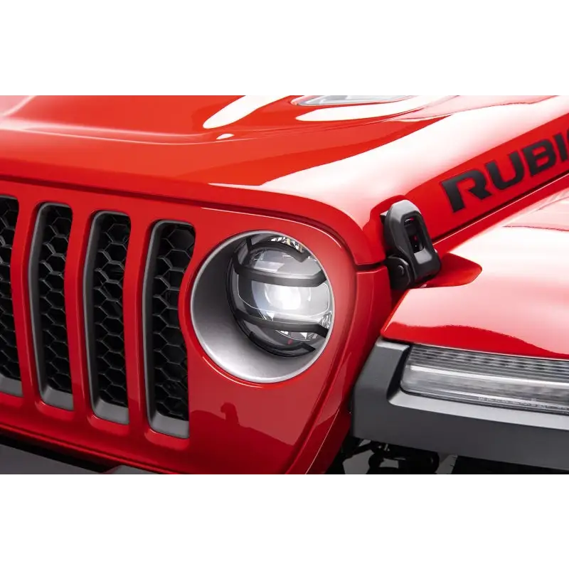 Red Jeep with Jeep logo on Rugged Ridge Elite Headlight Guards