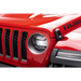 Red Jeep with Jeep logo on Rugged Ridge Elite Headlight Guards
