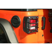Rugged Ridge 18-20 Jeep Wrangler JL Elite Tail Light Guard featuring front end of a jeep with red light.
