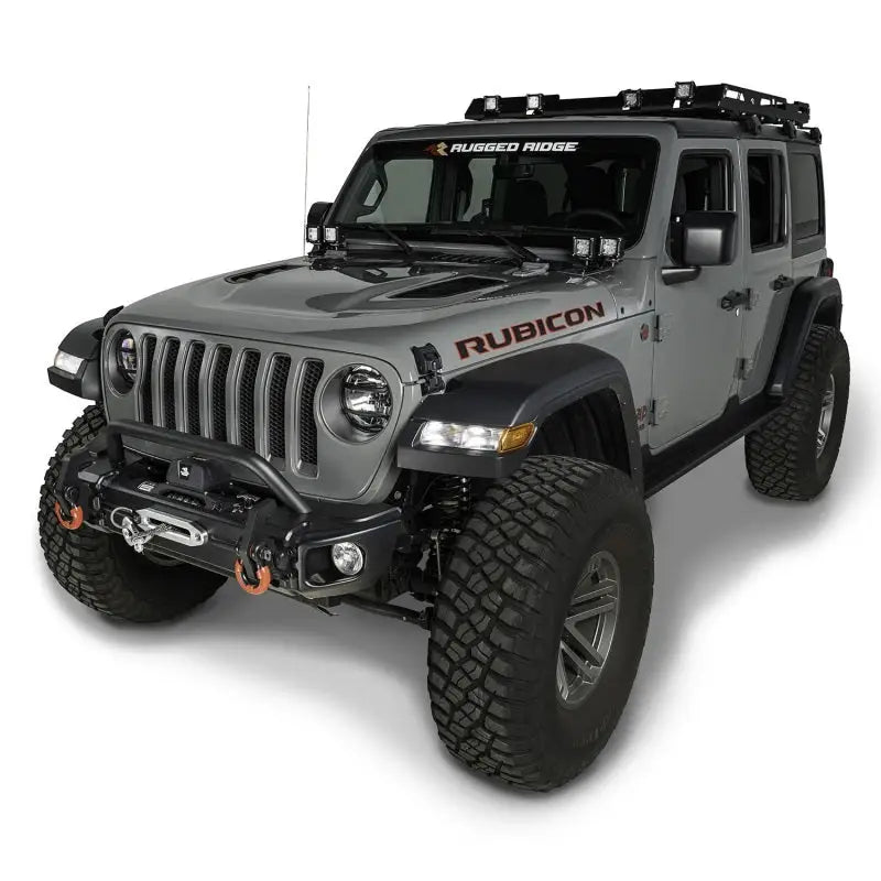 Gray Jeep Wrangler JL/JT with Rugged Ridge logo on Arcus Front Bumper Set