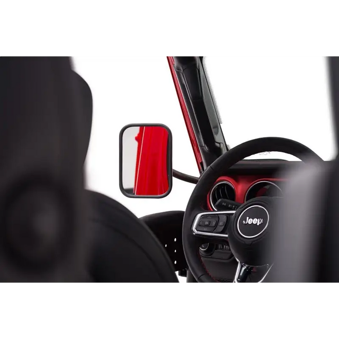 Interior view of a car door open with Rugged Ridge Rectangular Trail Mirror
