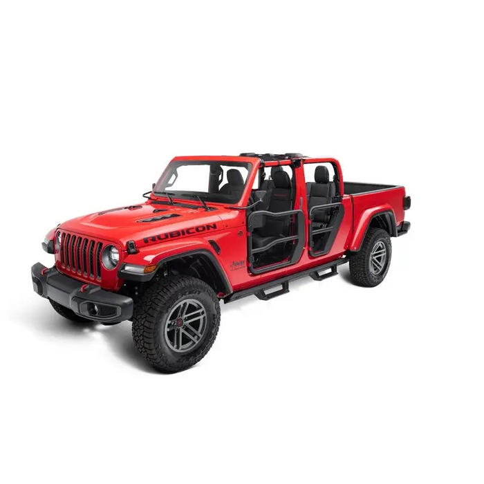 Red Jeep with black door against a white background - Rugged Ridge Trail Mirror.