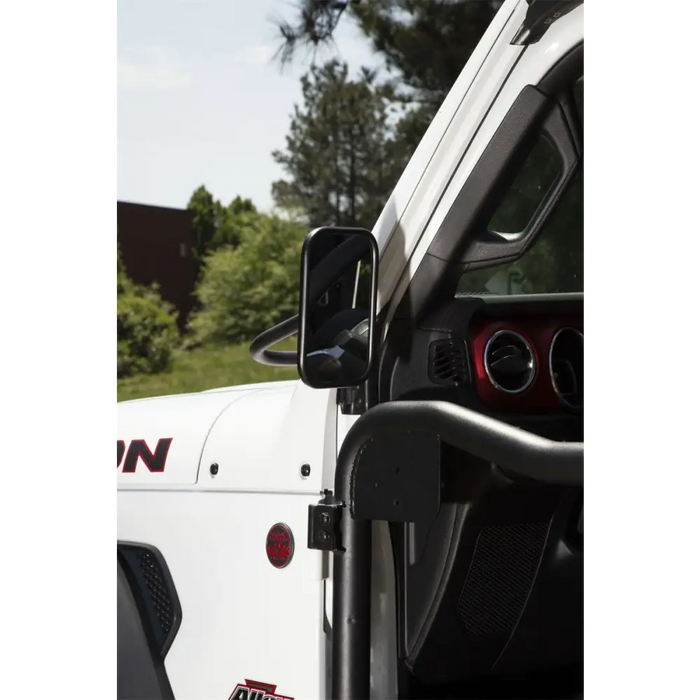 Rugged Ridge white truck with open door - Rugged Ridge trail mirrors