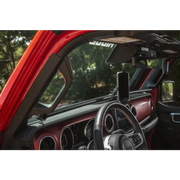 Interior of a red car with Rugged Ridge 18-21 Jeep Wrangler/Gladiator (JL/JT) Dash Bar - Black