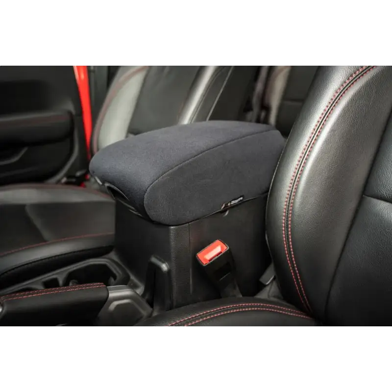 Rugged Ridge’s Neoprene Console Cover in center console of Jeep Wrangler.