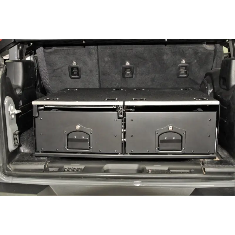 Rugged Ridge Jeep Wrangler cargo storage drawers in trunk compartment