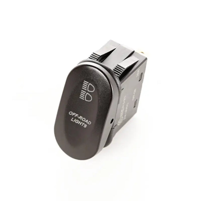 Rugged Ridge 2-Position Rocker Switch Off-Road Lights Amber with a black car charger on white background