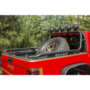 Red Jeep featuring Rugged Ridge spare tire carrier hinge.