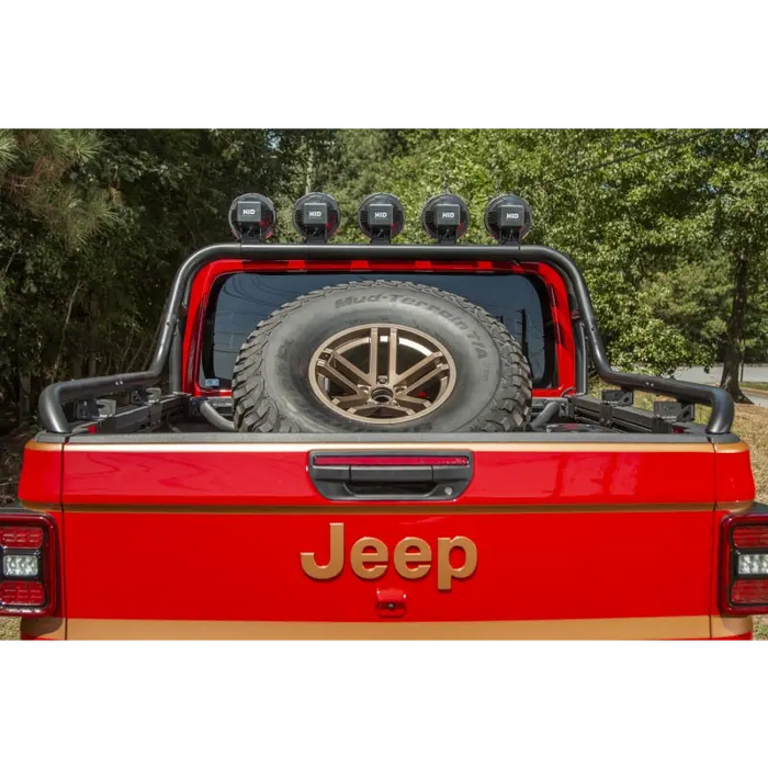 Red Jeep with spare tire carrier rack by Rugged Ridge for Gladiator JT.