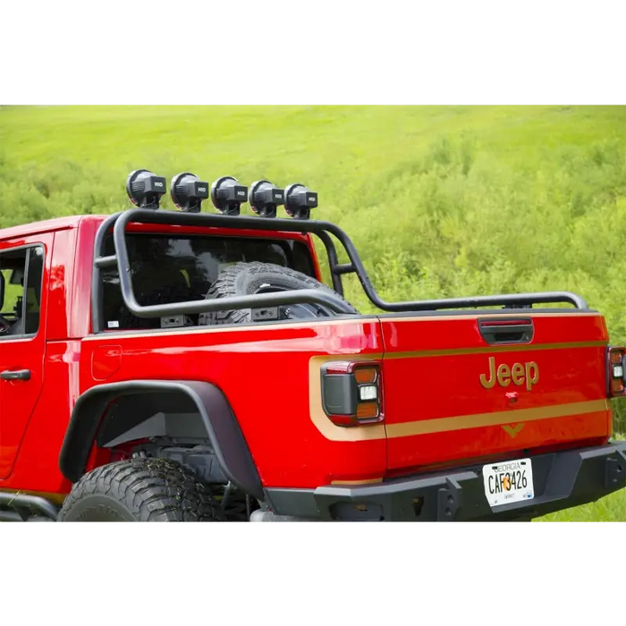Rugged Ridge Jeep Gladiator Sport Rack with red truck bed and black roof rack
