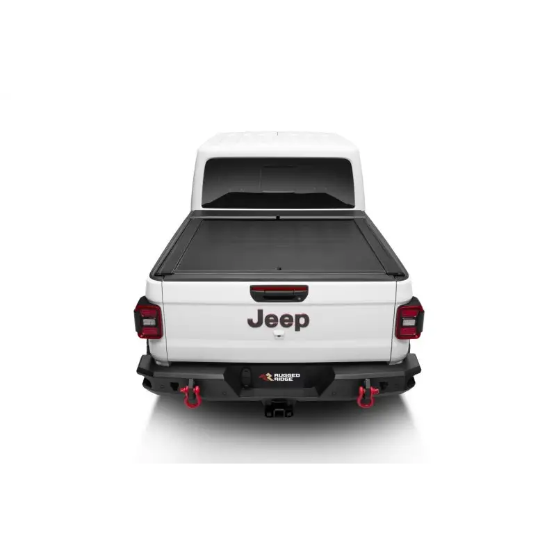 Rear view of white truck with Armis tonneau cover and Max Track feature