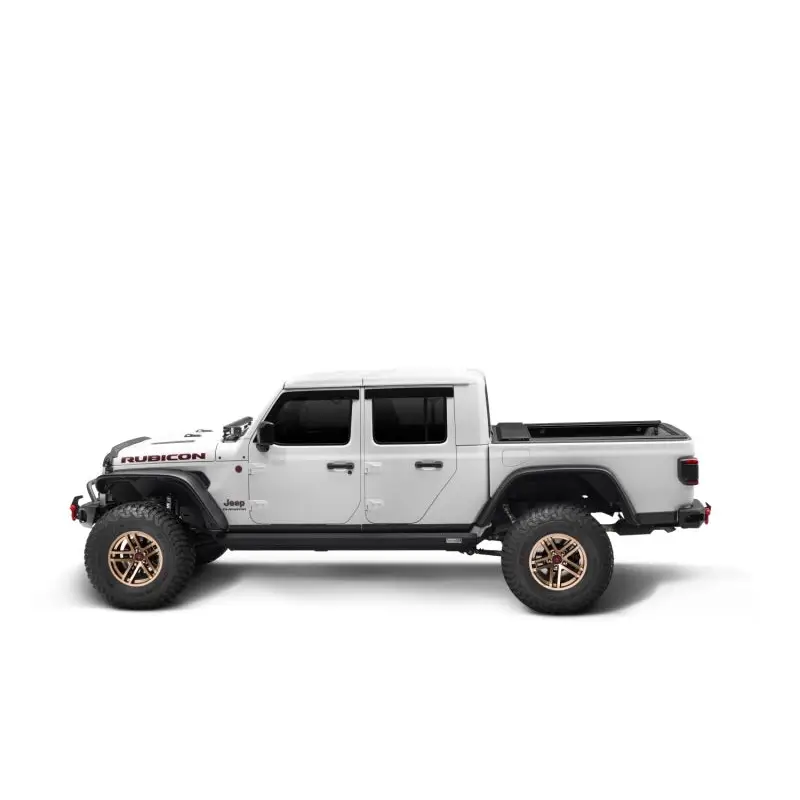Close up of white truck with black roof under Rugged Ridge Armis Tonneau Cover w/Max Track - Tex. Blk