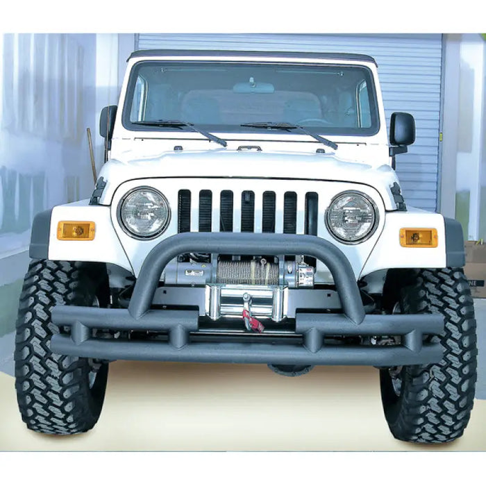 White jeep with winch on front bumper w hoop - Rugged Ridge 3-In Dbl Tube Front Winch Bumper