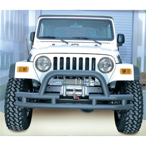 White Jeep with Black Bumper and Winch Mounting Hoop in Rugged Ridge Bumper