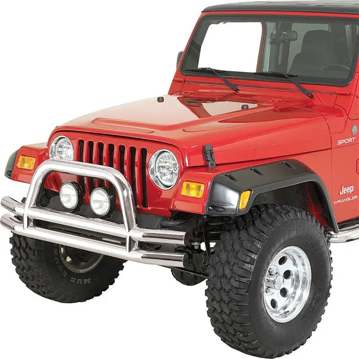 Red Jeep Wrangler Double Tube Front Bumper - Rugged Ridge 3-In SS 76-06 Models