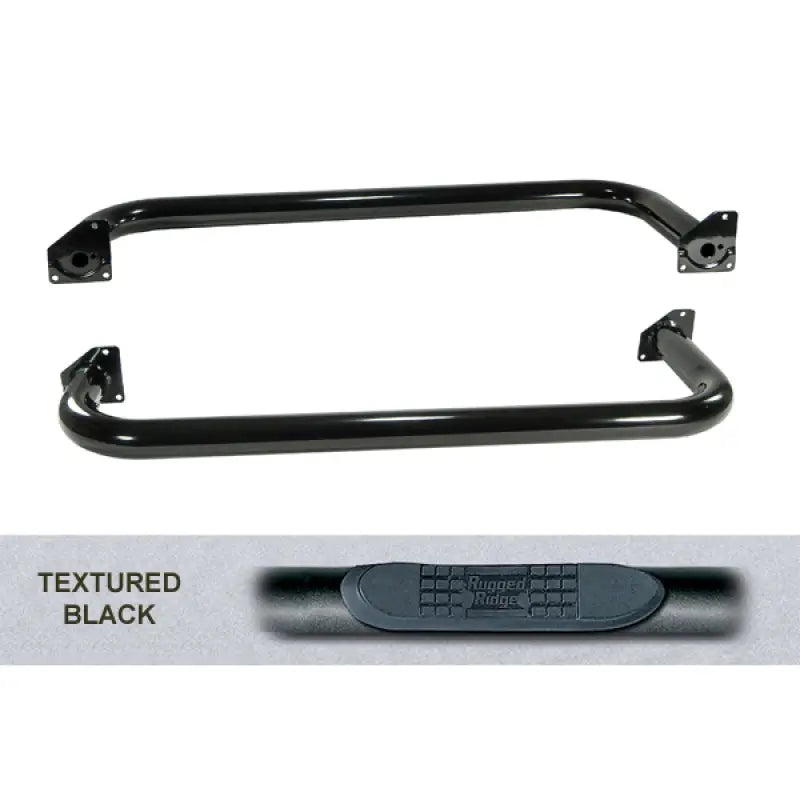 Black license plate frame featuring text for Rugged Ridge 3-In Round Side Step Black Jeep Wrangler.